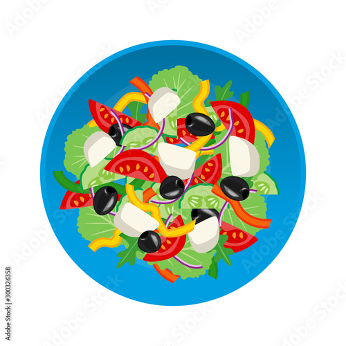 greek salad wih fresh vegetables in blue plate top view 