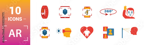 Ar And Vr icon set. Include creative elements augmented reality, 360 view, face recognition, augmented reality glasses, shopping icons. Can be used for report, presentation, diagram, web design