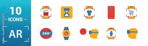 Ar And Vr icon set. Include creative elements augmented reality, 360 view, face recognition, augmented reality glasses, shopping icons. Can be used for report, presentation, diagram, web design