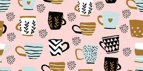 Handdoek met foto Koffie patronen Scandinavisch patroon met koffiekopjes  © tanya