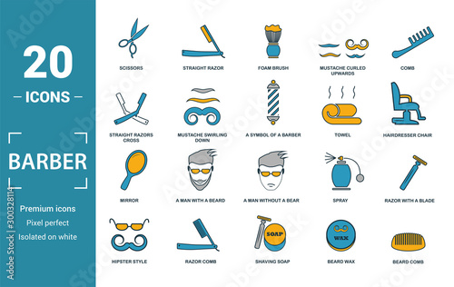 Barber Shop icon set. Include creative elements scissors, foam brush, straight razors cross, towel, mirror icons. Can be used for report, presentation, diagram, web design