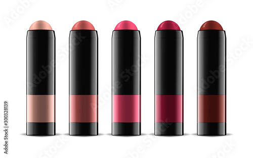Lipstick or blusher in glossy black tube, realistic vector illustration. Lip or cheek rouge color palette. Trendy makeup product. Easy to recolor