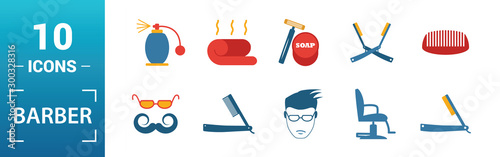Barber Shop icon set. Include creative elements scissors, foam brush, straight razors cross, towel, mirror icons. Can be used for report, presentation, diagram, web design