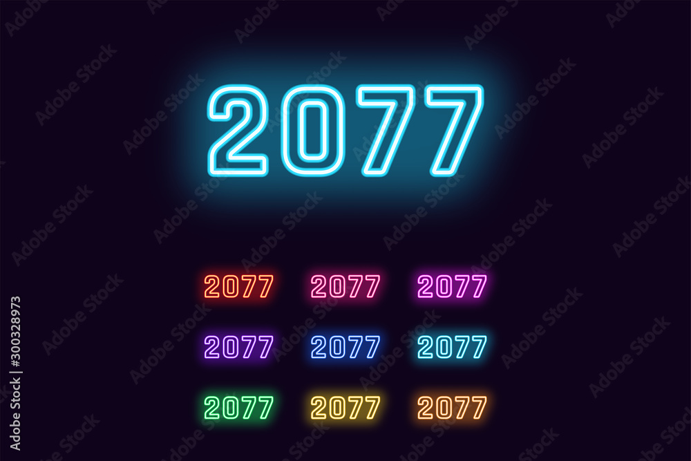 Neon number 2077, Cyberpunk digits in different Monochrome colors. Set of glowing year 2077 in Neon Neon number 2077, Cyberpunk digits in different Monochrome colors. Set of glowing year 2077 in Neon