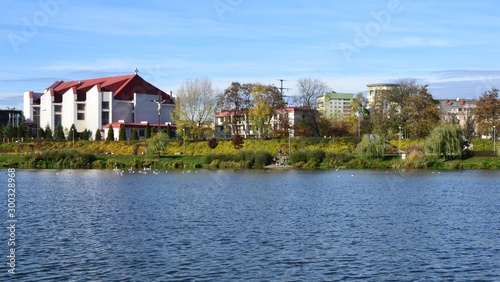 Balaton Lake in Warsaw, Poland. Park and water reservoir located in Warsaw city. View on the Church of Apostles John and Paul. Panoramic view © PaulSat