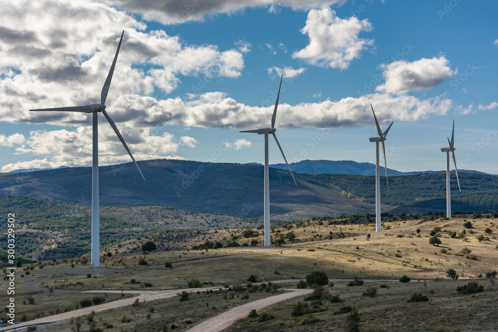 Wind turbine generating electricity in the wind farm of Las Labradas in the north of the province of Zamora in SpainThe 'Grado de Pico' wind farm located in the municipality of Ayllón (Segovia) 