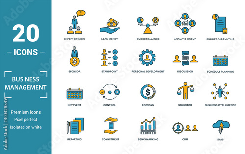 Business Management icon set. Include creative elements expert opinion, budget balance, sponsor, discussion, key event icons. Can be used for report, presentation, diagram, web design