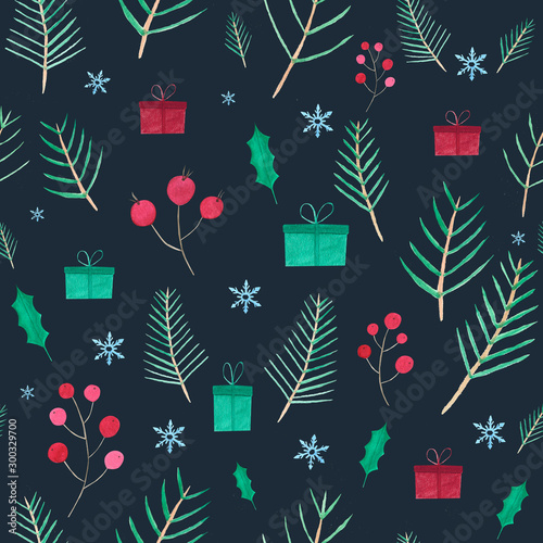 Seamless pattern. Christmas season decorative botanical elements on black background. Watercolor evergreen ilex, holly plant branches with red berries wrapping paper design