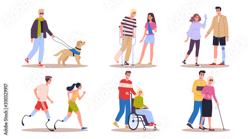 Disabled people set. Men and women with crutches
