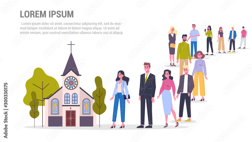 Vector illustration of big queue of people standing towards a church
