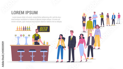 Vector illustration of big queue of people standing towards a bar to buy