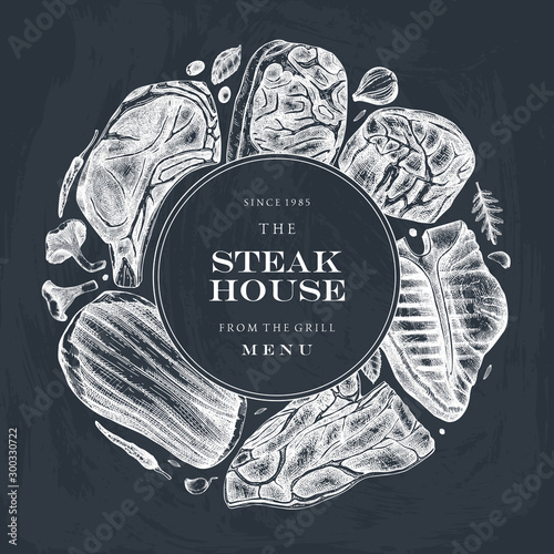 Beef steaks vector wreath design. Raw meat top view drawings. Hand drawn cuts of beef, vegetables, spices. Steak house, meat restaurant menu template. Food for grill vintage background