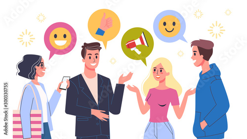 People talk using speech bubble. Group of happy people chatting.