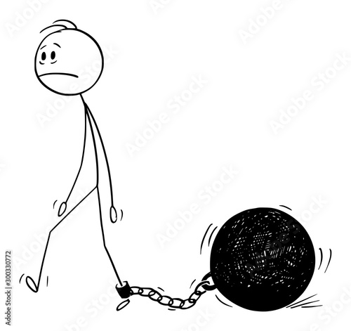 Vector cartoon stick figure drawing conceptual illustration of depressed man or businessman walking with big iron ball chained to his leg. Prison ball with shackle and chain.