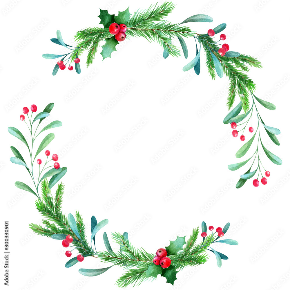 Watercolor christmas wreath, frame with fir branches berries. Watercolor christmas wreath, frame with fir branches berries.