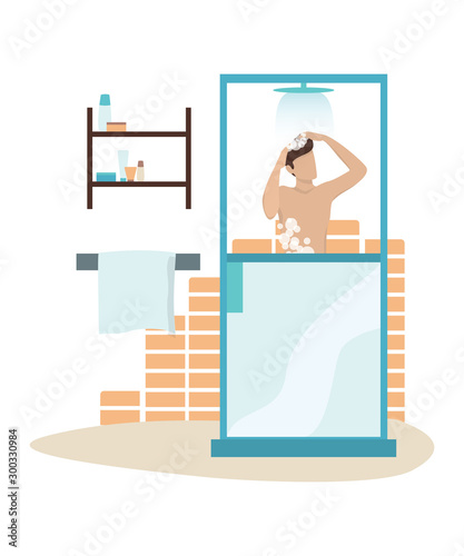 Vector illustration of a man taking a shower in the morning