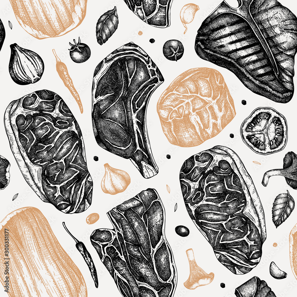 Beef steaks vector backdrop. Raw meat top view seamless pattern. Hand ...