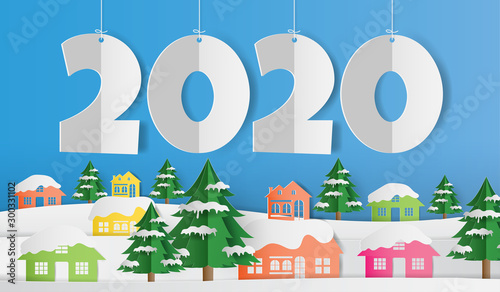 Landscape of village in winter snow forest, 2020 happy new year background. Paper art style