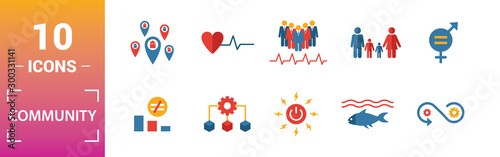 Community icon set. Include creative elements family, gender equality, infrastructure, life under water, peace and justice icons. Can be used for report, presentation, diagram, web design