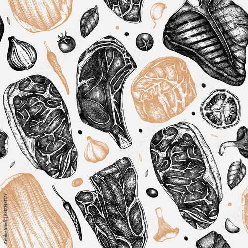 Beef steaks vector backdrop. Raw meat top view seamless pattern. Hand drawn cuts of beef, vegetables, spices. Steak house, meat restaurant menu design . Food for grill vintage background.