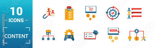 Content icon set. Include creative elements cost per click, crowdsourcing, curation, exit rate, gamification icons. Can be used for report, presentation, diagram, web design