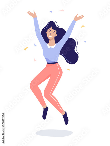 Vector illustration of happy girl jumping in excitement. I