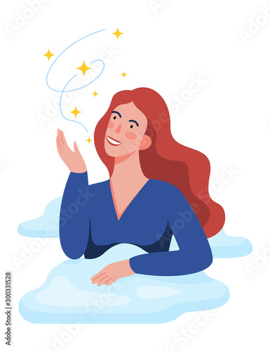 Vector illustration of young woman daydreaming. Female character think