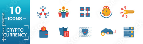 Crypto Currency icon set. Include creative elements decentralized, encrypted, ethereum wallet, node, halving icons. Can be used for report, presentation, diagram, web design