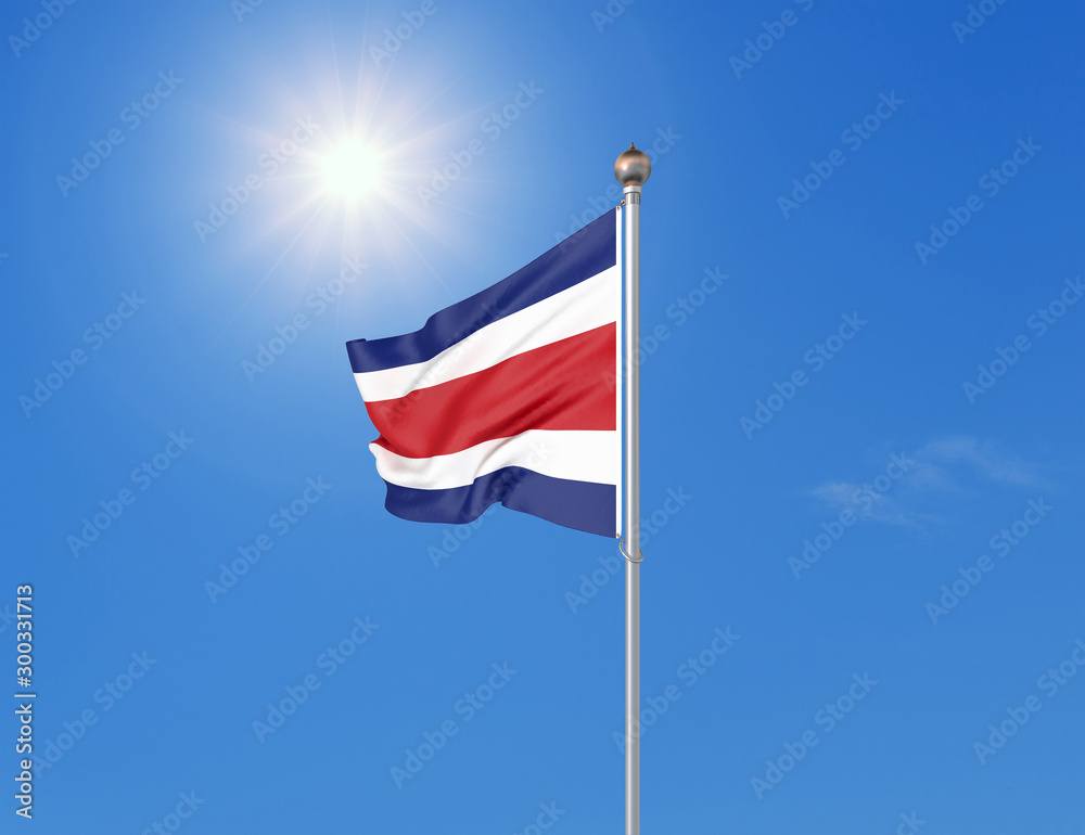 3D illustration. Colored waving flag of Costa Rica on sunny blue sky background.