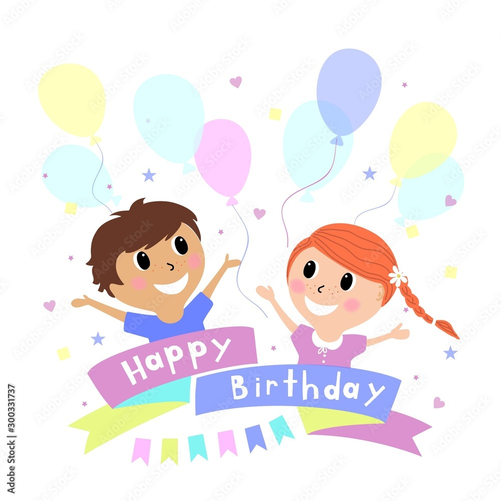 happy boy and girl with balloons, birthday greetings, cartoon design happy boy and girl with balloons, birthday greetings, cartoon design