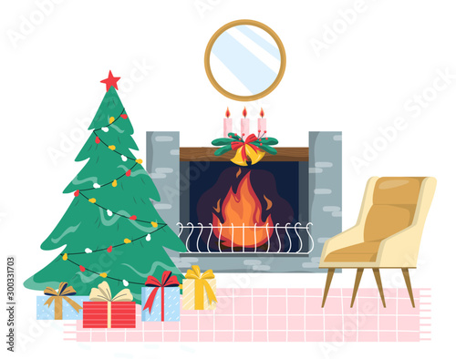 Christmas cozy living room interior with tree and gift boxes