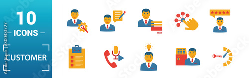 Customer Service icon set. Include creative elements agent console, case priority, satisfaction, helpdesk, knowledge base icons. Can be used for report, presentation, diagram, web design