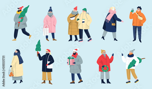 Set of isolated vector illustration of people wearing warm winter clothes.