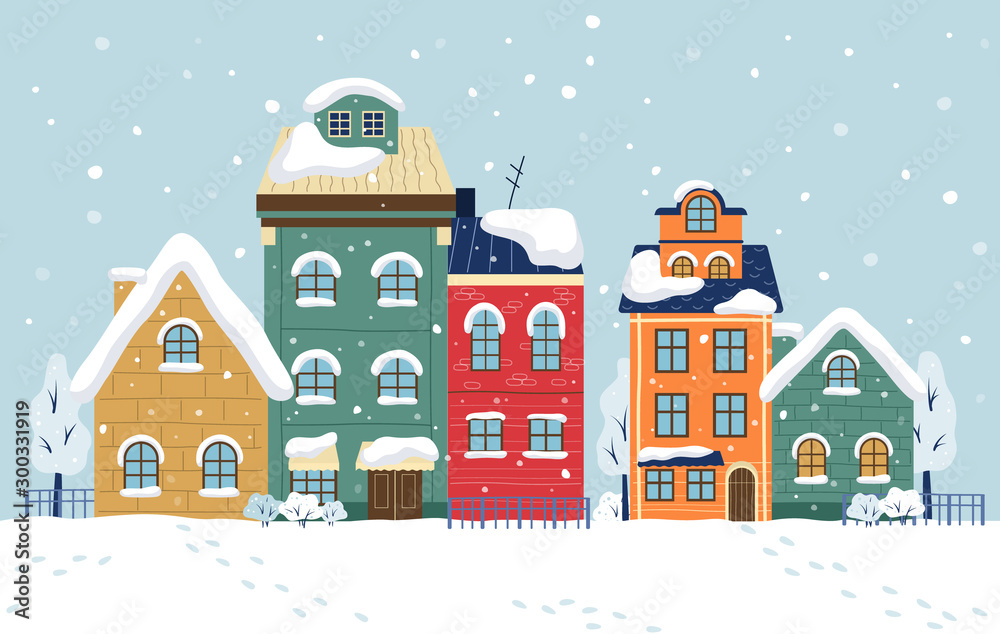 Winter City Vector Illustration. Cityscape with buildings