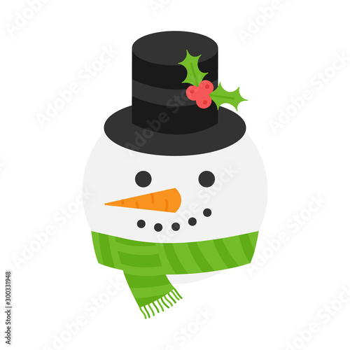 Snowman cute christmas round character vector illustration. Winter, seasonal, holiday, festive xmas head. Isolated cartoon graphic icon.