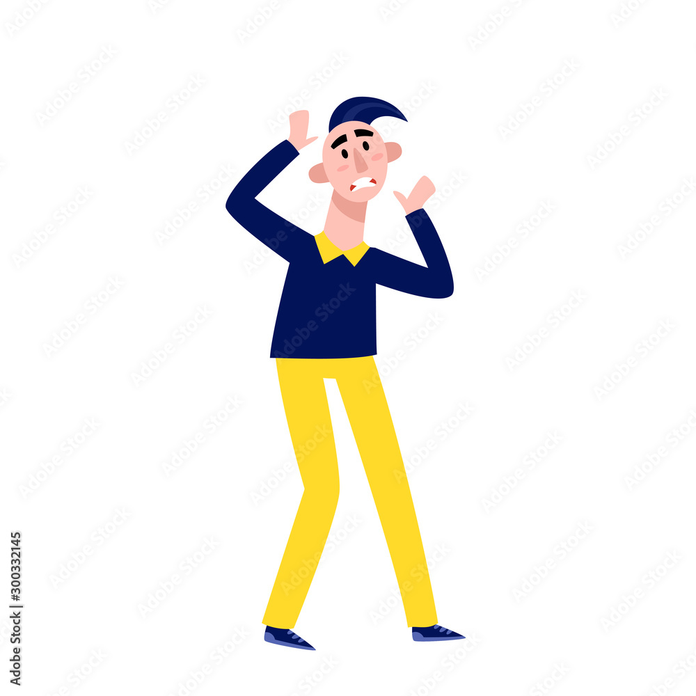 Upset man with raising hands standing isolated on white. Upset man with raising hands standing isolated on white.