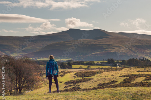 Looking at the view of the Brecon Beacons National park while hiking. November 2019.