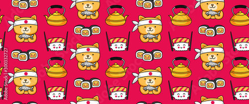 Red seamless pattern with sushi, kettle, tea and chef dog, holding fish. Japanese background. Cartoon vector illustration.