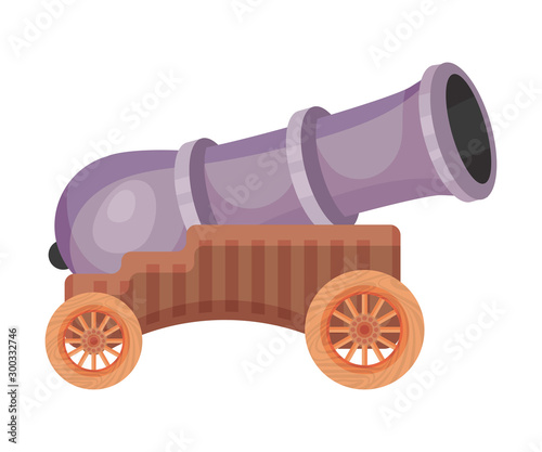 Purple cannon on wheels. Vector illustration on a white background.