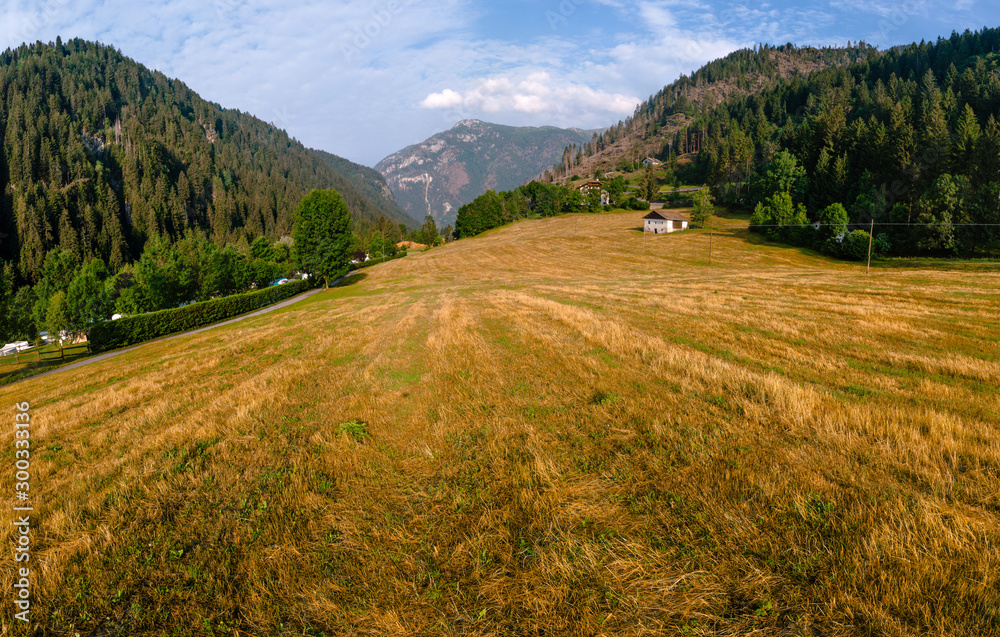 View of a harvested field, in mountains near the town of Predazzo, Trentino, Italy, Europe, summer day sunrise time