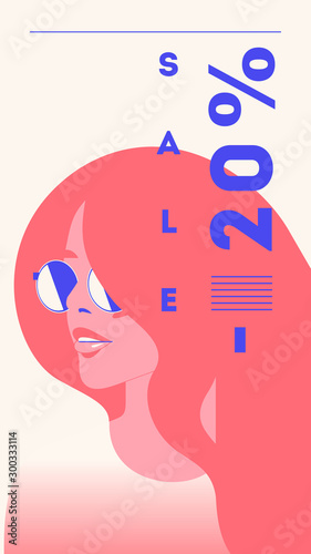 Vector fashion portrait of a model girl. Retro trendy coral color stories template. Sale Banner 20 percent Off (ID: 300333114)