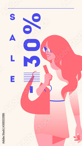 Vector fashion portrait of a model girl. Retro trendy coral color stories template. Sale Banner 30 percent Off (ID: 300333188)