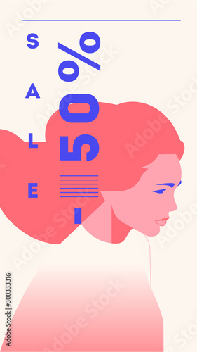 Vector fashion portrait of a model girl. Retro trendy coral color stories template. Sale Banner 50 percent Off (ID: 300333316)