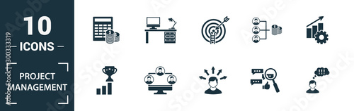 Project Management icon set. Include creative elements goal seeking, virtual team, budget, global management, team cohesion icons. Can be used for report, presentation, diagram, web design