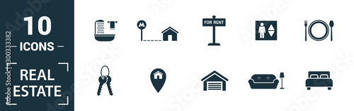 Real Estate icon set. Include creative elements for sale, rent sign, house location, living room, elevator icons. Can be used for report, presentation, diagram, web design
