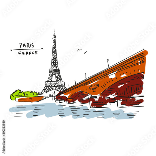 Eiffel Tower in Paris, France. Bridge and water. Hand drawing in retro style. Travel sketch. Hand drawn  postcard, poster or illustration in vector