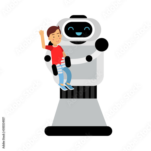 Kind robot home assistant is holding a boy in his arms. Vector illustration.