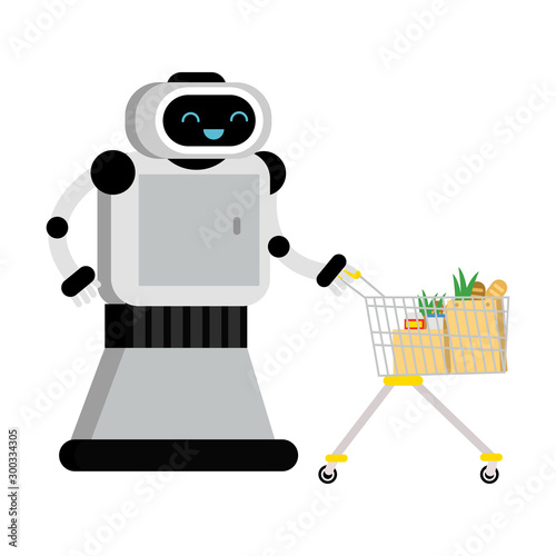 Cute robot home assistant rolls a shopping cart. Vector illustration.