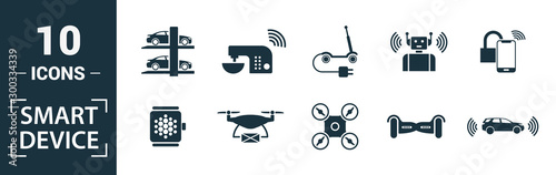 Smart Devices icon set. Include creative elements drone, smart car, smart house, solar battery roof, smart speaker icons. Can be used for report, presentation, diagram, web design