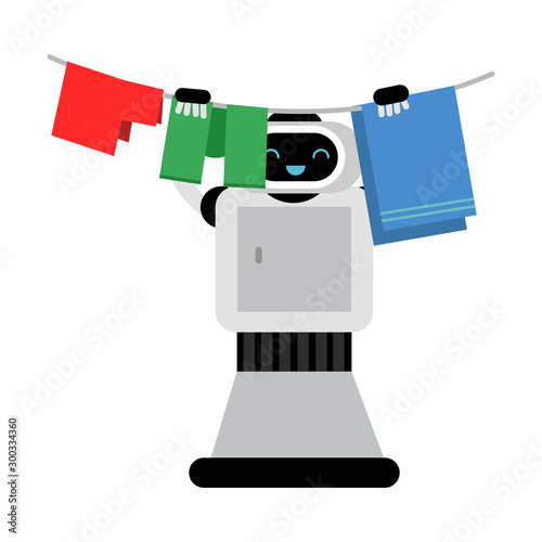 Cute robot home assistant hangs up laundry. Vector illustration.